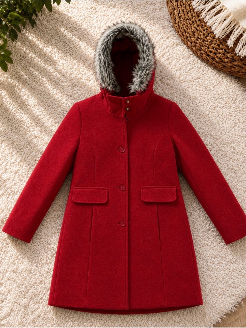 Cat & Jack Red Hooded Pea Coat with Faux-Fur Trim